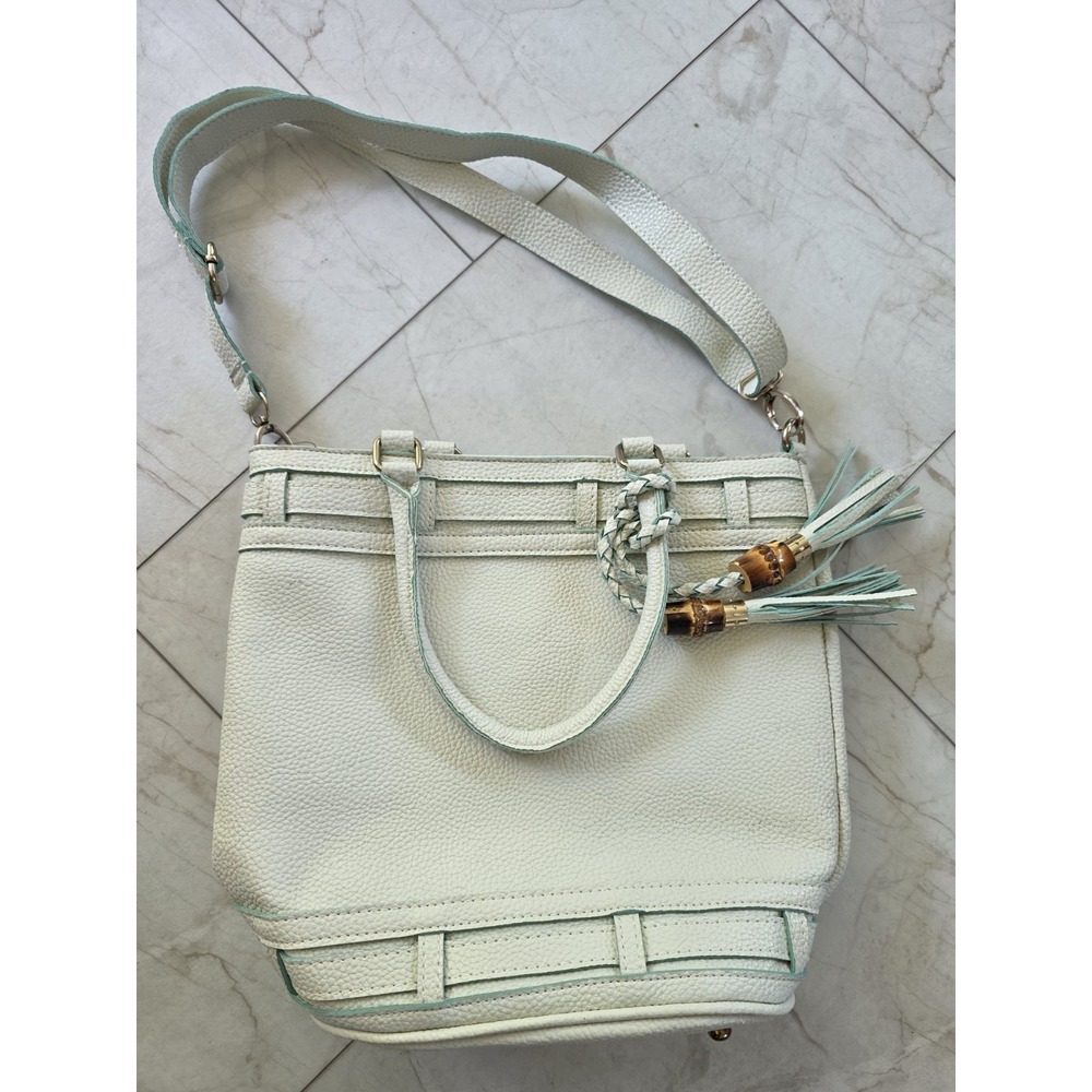 Pebbled Leather Tote Bag Mint Green Bamboo Tassel Crossbody Handbag - Picture 7 of 11